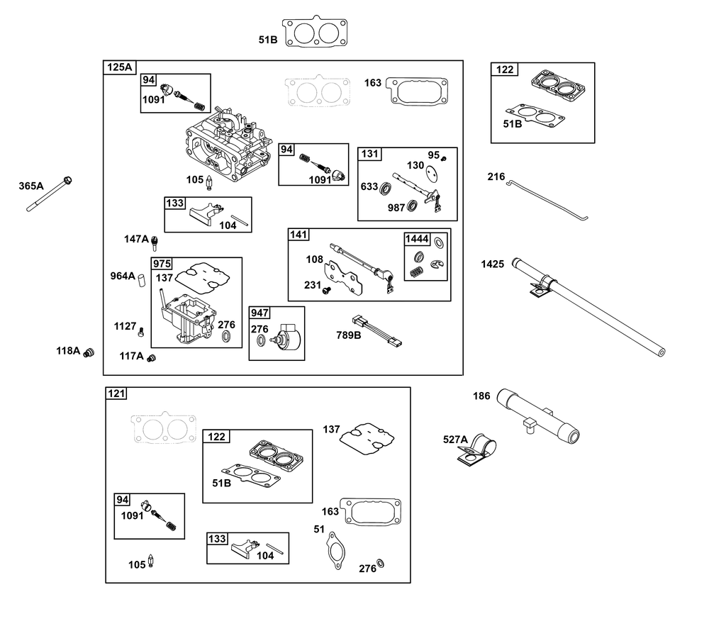 Carburetor Group Diagram and Parts List for 613477-0267-J1 400000 - 699999 Briggs and Stratton Engine